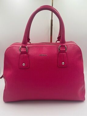 Furla Hot Pink Saffiano Satchel w/Top Handles Silver Hardware & Crossbody Strap
